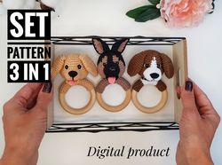 Crochet Patterns Set baby rattle dog – German Shepherd, Labrador Retriever, Beagle, Puppy toy pattern, Animal Patterns