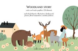 cute woodland animals clipart, girl in forest illustrations, vector landscape background