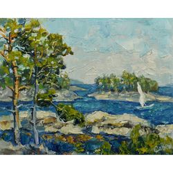Lake Painting Nature Landscape Summer Impressionism Art Sail Pine Coast Ladoga Island Karelia Original Art
