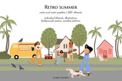 retro summer clipart, black girl roller skates illustrations, skateboarding girl with dog in vector cartoon style.