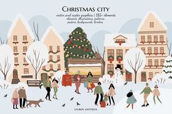 Christmas city clipart, People on winter market illustration, Winter scene creator clipart, Decorated vector houses