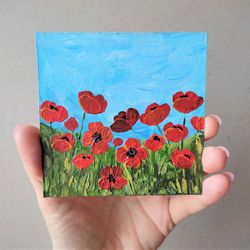 Poppies mini painting, Meadow flowers impasto painting, Poppy small original artwork