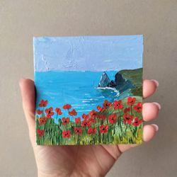 Seascape small painting, Poppies impasto painting, Flowers art wall decor, California poppies painting