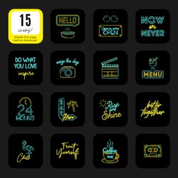 15  neon blue and yellow instagram highlight covers. Neon social media icons. Digital download.