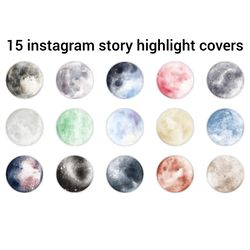 15 moon instagram highlight covers. Moon color social media icons. Digital download.