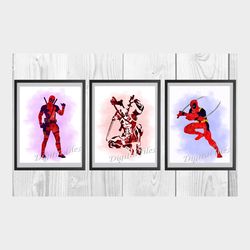 Deadpool Marvel Superhero Set Art Print Digital Files decor nursery room watercolor