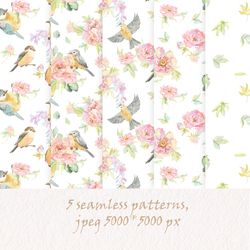 Set of seamless patterns peonies with birds