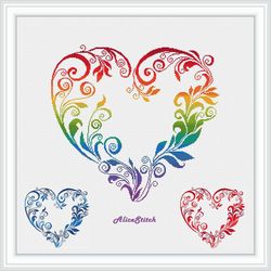 Cross stitch pattern Heart floral ornament metric frame rainbow monochrome red blue counted crossstitch patterns PDF