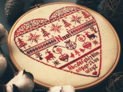 Noel Sampler Cross Stitch Pattern PDF Christmas Heart Ornament Monochrome Primitive Embroidery Design Instant Download