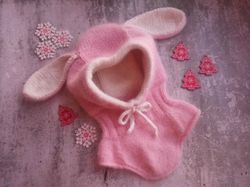 Bunny pink balaclava with ears for girl, winter merino wool hat, balaclava design, knits hats, beanie babies, helmet