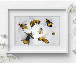 Watercolor painting original bee and bumblebee drawing bees insect by Anne Gorywine