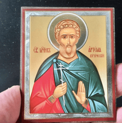 Saint Artemius of Cuzicos |  Gold and Silver foiled icon lithography mounted on wood | Size: 3 1/2" x 2 1/2"