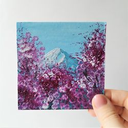 Mountain landscape mini painting, Cherry blossom original painting, Sakura small wall decor, Miniature mountain art