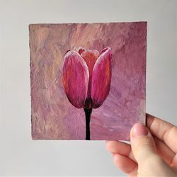 Tulip original painting, Pink tulip impasto painting, Flower small wall decor original artwork