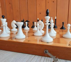 Soviet chess set: wooden chess folding board - plastic chess pieces black white