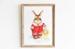Christmas bunny  watercolor  hand drawing. Digital printable poster