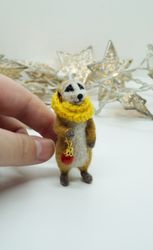 Meerkat in a yellow scarf, miniature needle felted animal, Christmas gift