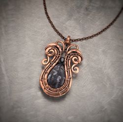Copper wire wrapped pendant / Jasper and hematite / Necklace with precious stones / Wire weaving antique necklace