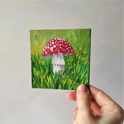 Mushroom original painting, Fly agaric mini impasto painting, Toadstool small original art wall decor