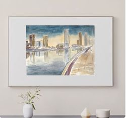 night city cityscape wall art hand painted modern watercolour painting