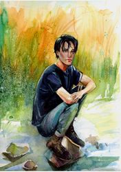 Original Watercolor Painting Keanu Reeves Painting River Landscape Young Man Painting Male Art Male Wall Art Watercolor