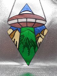 UFO Suncatcher, Ufo Stained Glass, Stained Glass Window Hangings, Alien Ornament, Alien Stained Glass, Mountain Ornament