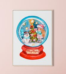 Snowball. Christmas cartoon watercolor hand drawing. Digital printable poster