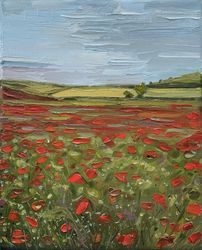 Landscape oil painting Poppy Flowers Field Original Oil Painting 9x11inch Wall Art Palette Knife Art Impasto