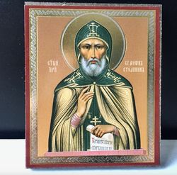 St. Simeon Stylites, Christian monk | Gold and Silver foiled icon lithography mounted on wood | Size: 3 1/2" x 2 1/2"