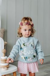 Personalized handmade knitting sweater for baby. Knitwear with embroidered clover flowers for girls kids Cotton pullover
