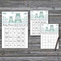 Blue Hippo Baby Shower Bingo Cards,Hippo Baby Shower Bingo Games,Printable Baby Shower Bingo Cards--325