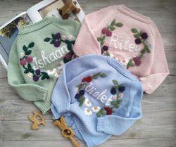 Personalized knit sweater with embroidered name, flowers for kids. Knit wool cardigan for baby. Birthday gift for girl