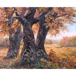 Fall Tree Painting Autumn Forest Landscape Original Painting Oak Tree Wall Art Small Oil Painting Lake House Decor