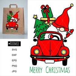 Christmas gnome in retro car svg, Santa svg, Christmas tree, Vintage truck svg, Winter svg Pickup, gnomes Shirt mug card