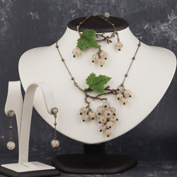 Jewelry set with white currant berries on bronze branches and chains Stud earrings Adjustable jewelry