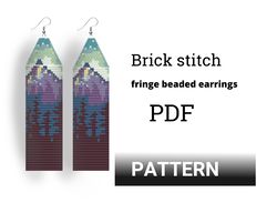 Brick stitch pattern. Beaded earrings with fringe. Nature print earrings DIY. Mountains Seed bead pattern.
