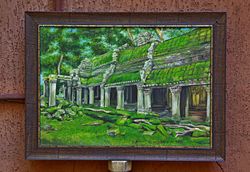 Angkor Wat ancient temple ruins original oil painting, moss and woods wild nature greenish art, Cambodia apsara indian r