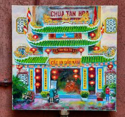 Chinoiserie Buddha Temple in Vietnam, chinese silk lantern original oil painting, buddhist light, Japanese style asian a