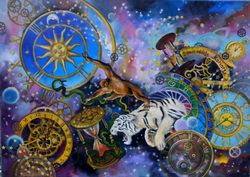 Space surreal original oil on canvas painting, whimsical modern large steampunk fantasy time art, contemporary astronomi