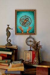Celestial Armillary sphere Fantasy Gift, Steampunk Still Life original oil painting, Zodiac globe Astrolabe, Astroligy i