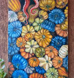 extra large pumpkin original oil painting, halloween autumn art huge oil on canvas blueberry, orange, mint and yellow pu