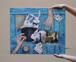 Alice in Wonderland original oil painting. Mad tea party White Rabbit Mad Hatter, kids room illustration, Oil on canvas