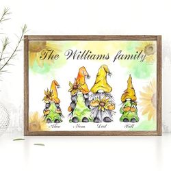 Personalized Family Print, Gnome Family Portrait, Gift for Gnome Lover Sunflower