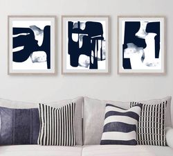Navy Blue Wall Art Abstract Painting Set Of 3 Prints Large Abstract Print Digital Download Triptych Poster Dark Blue Art