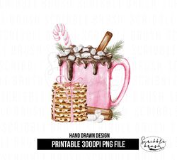Pink Christmas Hot Chocolate Cookies Mug Sublimation PNG Design