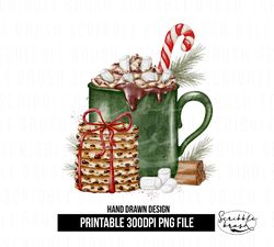 Green Christmas Hot Chocolate Cookies Mug Sublimation PNG Design