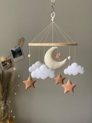 baby mobile moon, baby mobile clouds and stars in natural shades, neutral nursery decor, baby crib mobile with stars