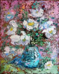 Dog rose Hips White Roses Flowers Oil Painting Original Impasto Artist Svinar Oksana