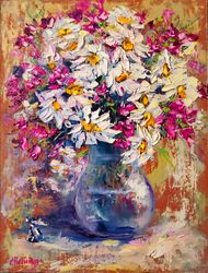 Daisy Glass Vase Candy Oil Painting Flowers Impasto Original Artist Svinar Oksana