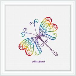 Cross stitch pattern Insect Dragonfly Ornament Silhouette Wings Rainbow Curls butterfly counted crossstitch patterns PDF